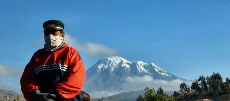 Riobamba Train guard with Chimborazo