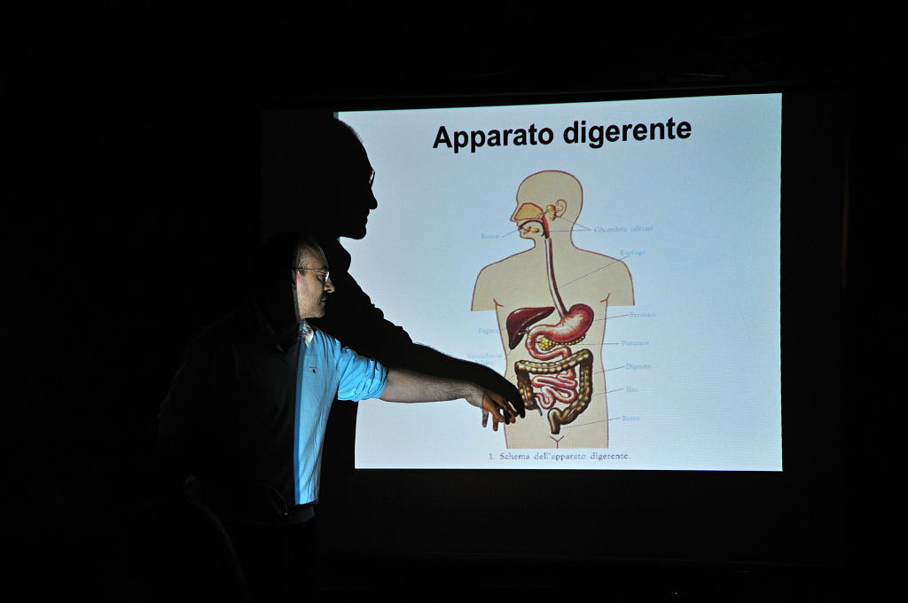 Luca Saccagno in una conferenza sull'intestino