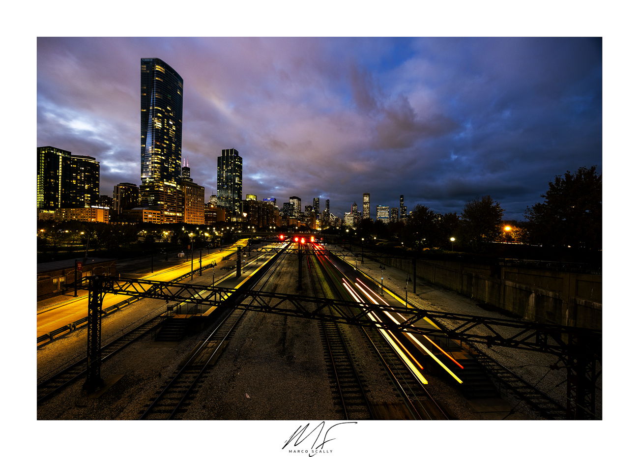 Chicago skyline with trains lights