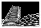 black sky, silver building