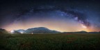 Arcata della via lattea durante la fioritura a Castelluccio di Norcia